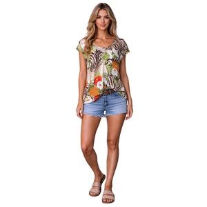 Natori‎ Silk Zebra Tropical Floral Top Large Safari Statement Resort Maximalist